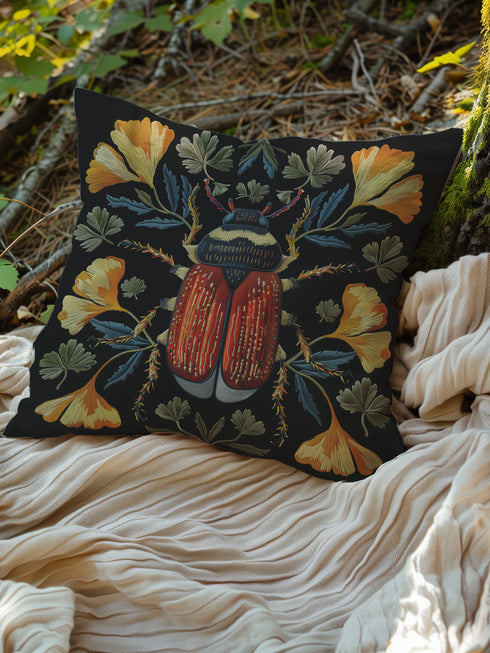 Luxury black pillowcase featuring a detailed scarab beetle with vibrant red-orange wings and dark thorax, surrounded by symmetrical golden ginkgo leaves and blue-green foliage. The intricate entomology artwork creates a striking focal point with scientific precision and artistic flair.